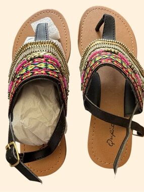 Qupid Black Sandals with Multicolor Braided Accent and Gold Chains